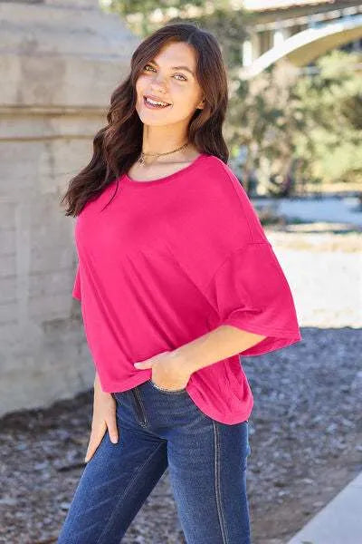Basic Bae Full Size Round Neck Drop Shoulder T-Shirt Women's T-Shirts - Tophatter Daily Deals